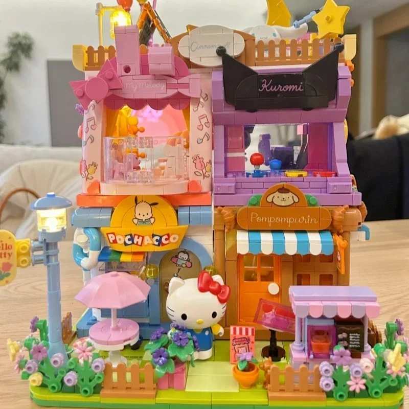 Sanrio Building Blocks Mysterious Annex Hello Kitty Kuromi Cinnamoroll Pochacco Model Ornaments Street Scene Splicing Toy Gift