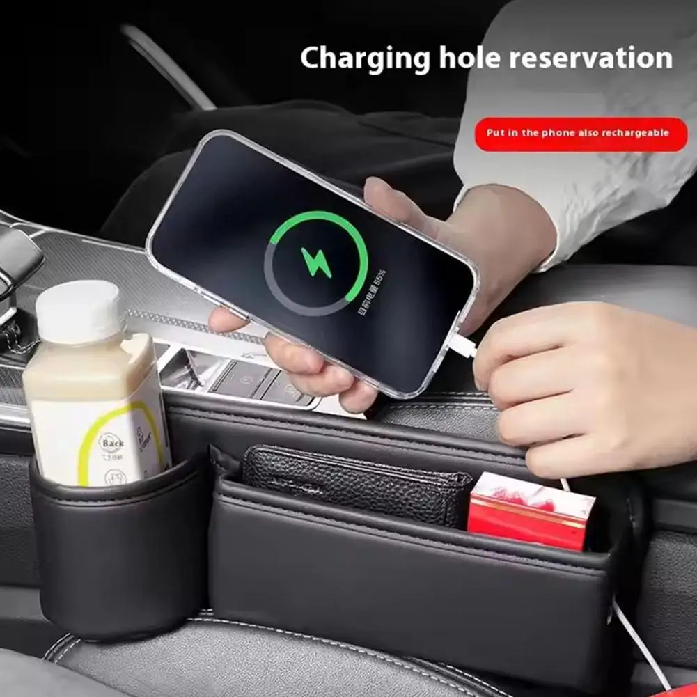 صندوق تخزين متعدد الوظائف لمقعد السيارة، حقيبة تخزين مانعة للتسرب، حامل أكواب، صندوق منظم لفتحة مقعد من جلد البولي يوريثان