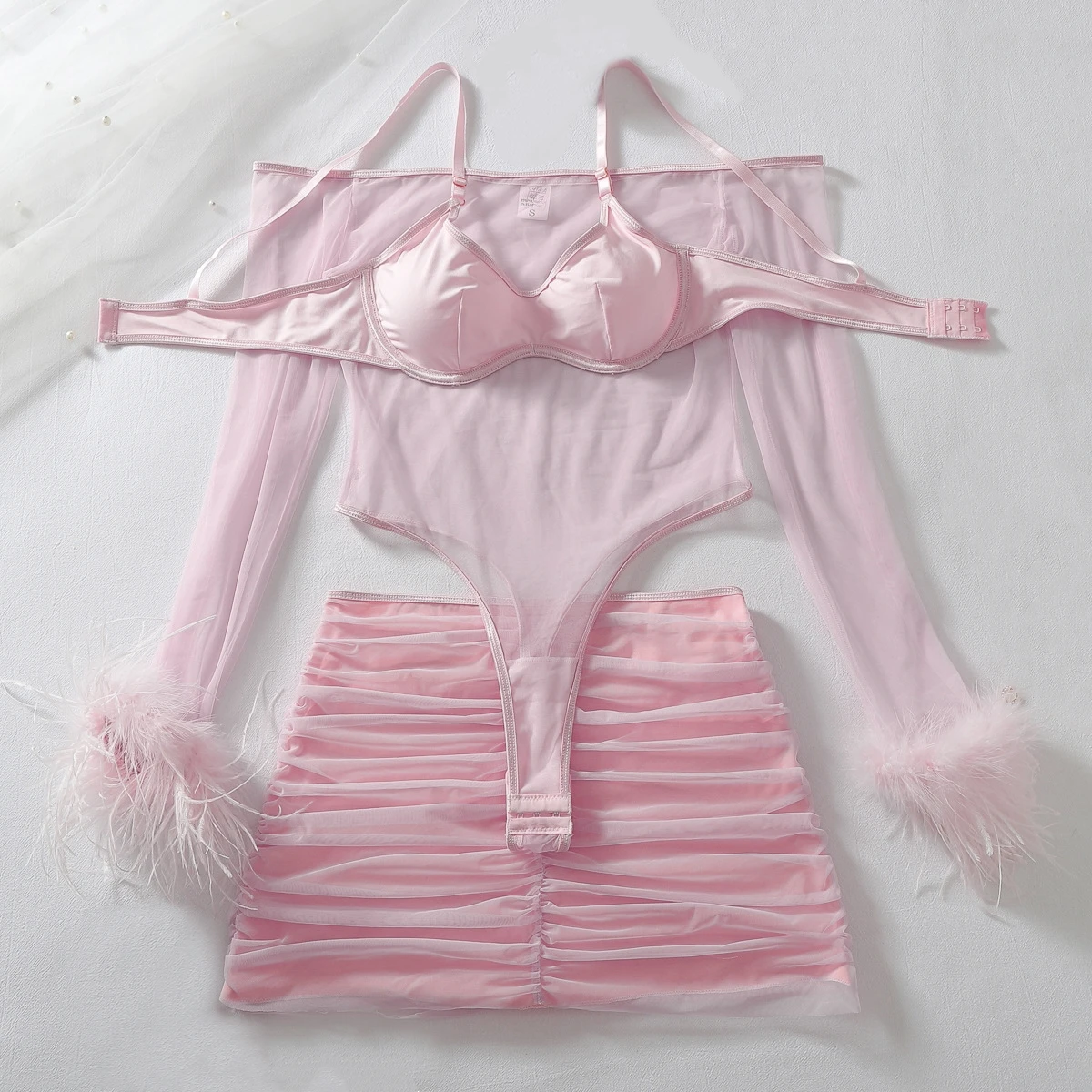 Women Pink Mesh Lingerie Set 3‑Piece Underwear Feather Long Sleeve Bodysuit Ruched Mini Skirt Sheer Ladies Intimate Lingerie Set