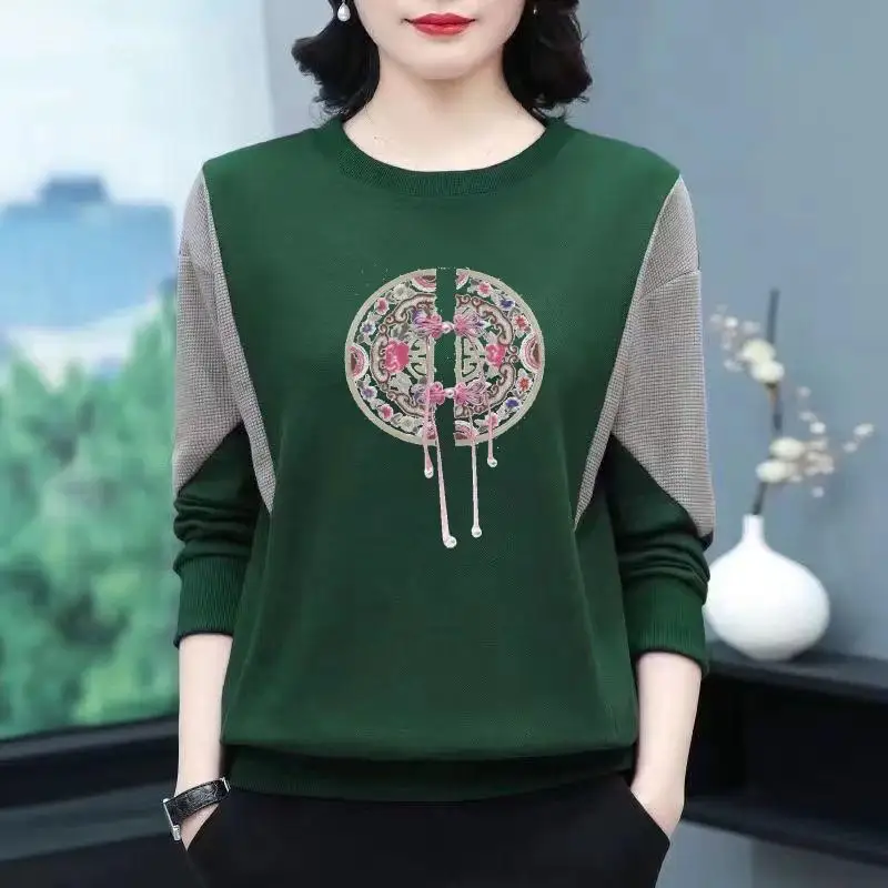 

Утепленная флисовая толстовка с длинными рукавами и принтом в стиле пэчворк для мам среднего и пожилого возраста, новый китайский стиль, свободный крой