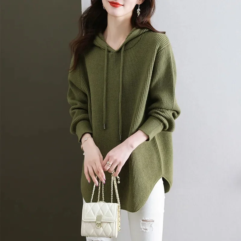 

Red Sweater Women's Spring And Autumn 2024 New Early Autumn Long Hooded Sweater Covered Bottom Sweater Top