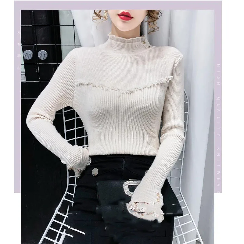 Autumn Winter New Women\'s Half High Collar Pullovers Sweaters Fashion Elegant Slim Button Gauze Lace Long Sleeve Commute Tops