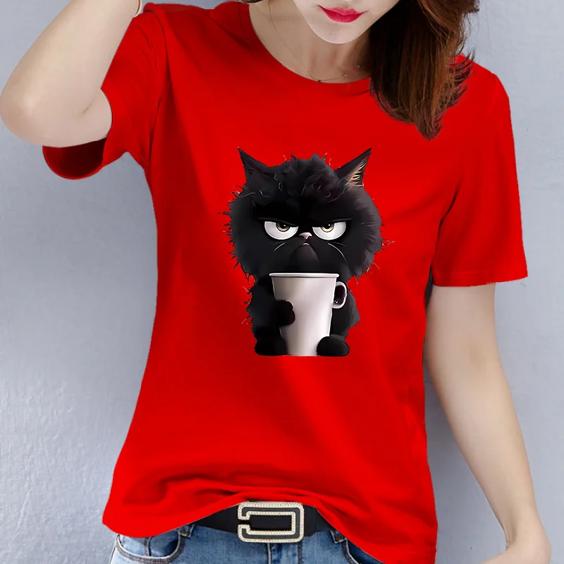 Europe and The United States Summer Women's Cat Cup Pattern Printed Round Neck Short Sleeve Casual Fashion Explosion T-shirt