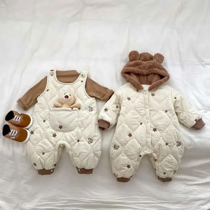 

Cute Baby Romper 2023 Winter Newborn Boy Girl Star Pattern Fleece Thicken Warm Hooded Jumpsuit Bear Playsuit Outerwear Clothes