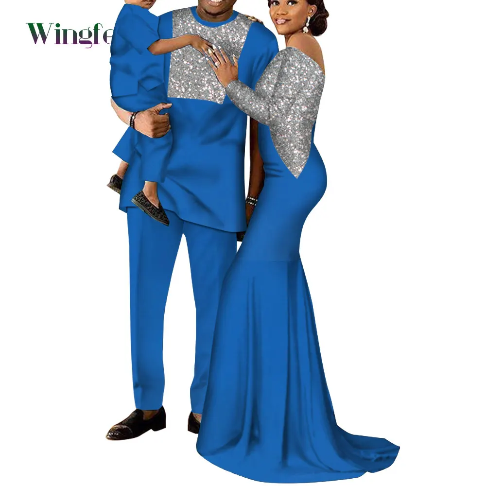 Customized African Family Clothing Women Long Dresses Dashiki Men Top Pant and Boy Attire Bazin Riche African Clothes WYQ724