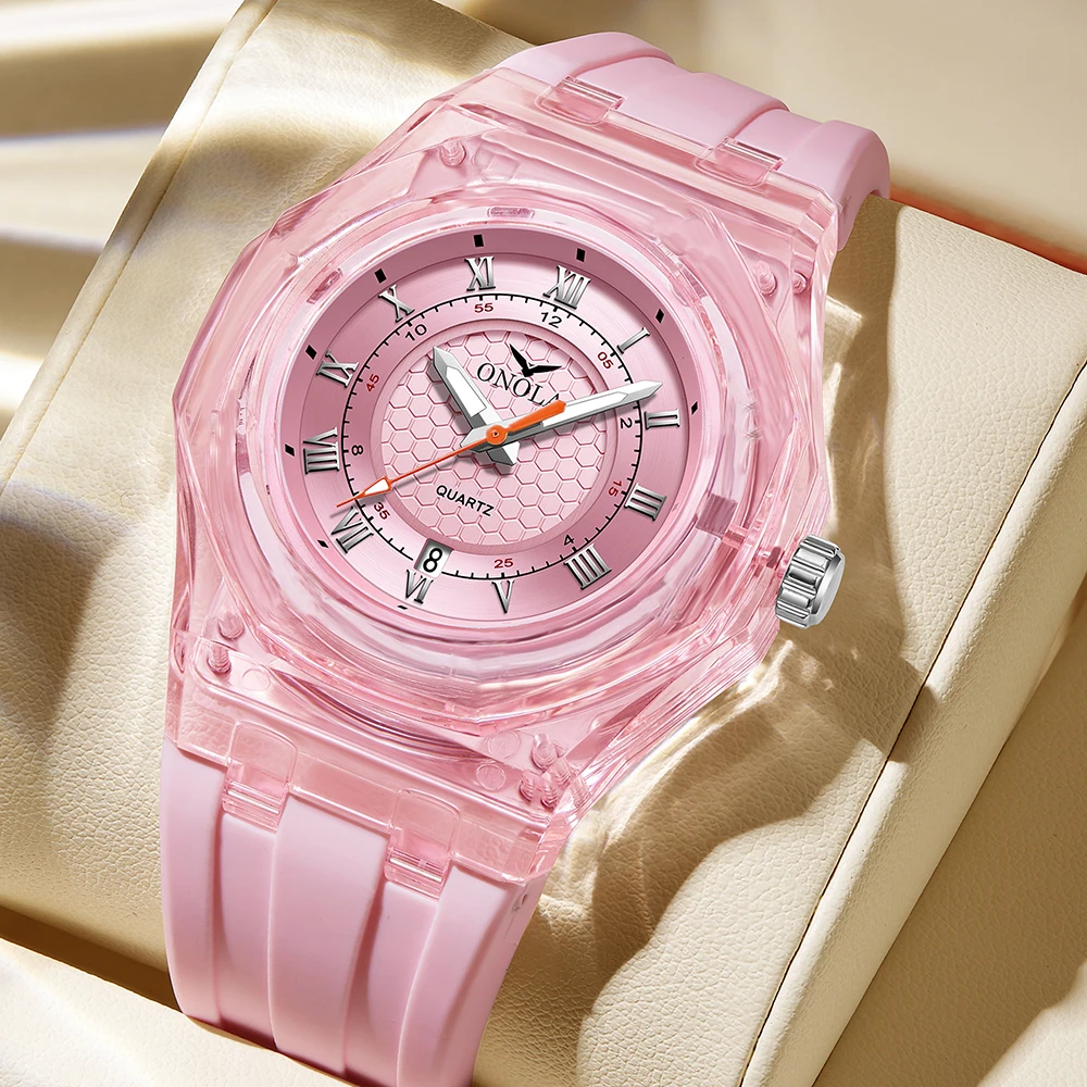 ONOLA 3857 Fashion Couple Watch Mens and Womens Sports Waterproof Transparent Plastic Silicone Calendar Luminous Quartz Watch