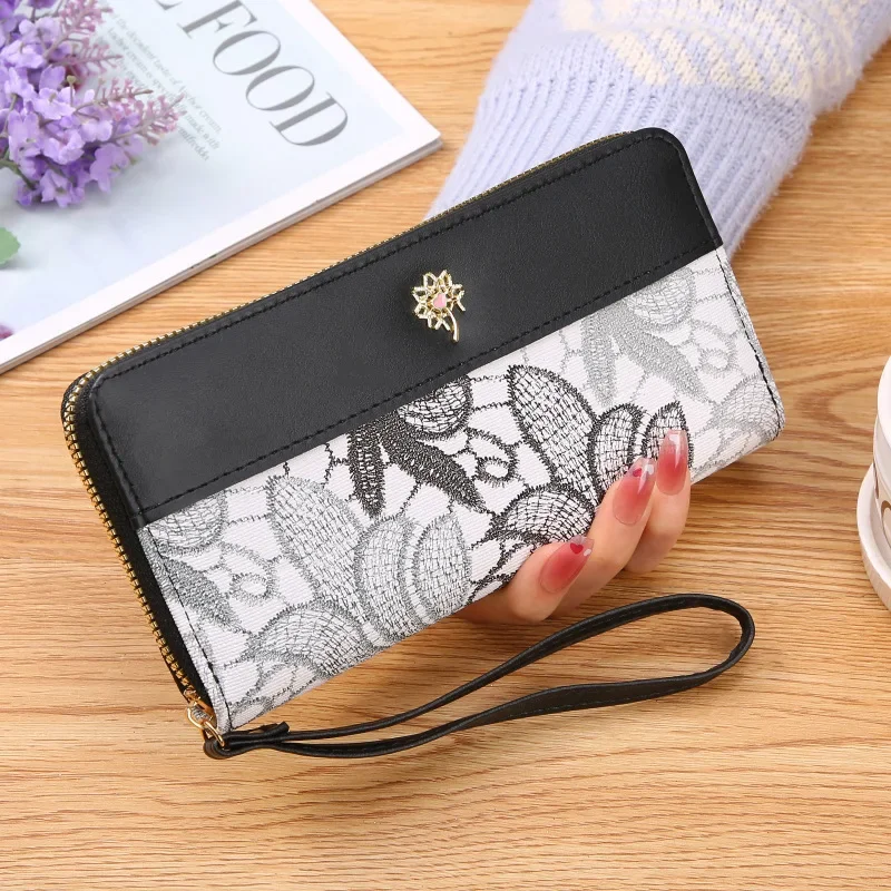 

New Single Pull Women's Wallet Zipper Handbag Fashionable Embroidered Money Clip Large Capacity Soft Leather Change Phone Bag