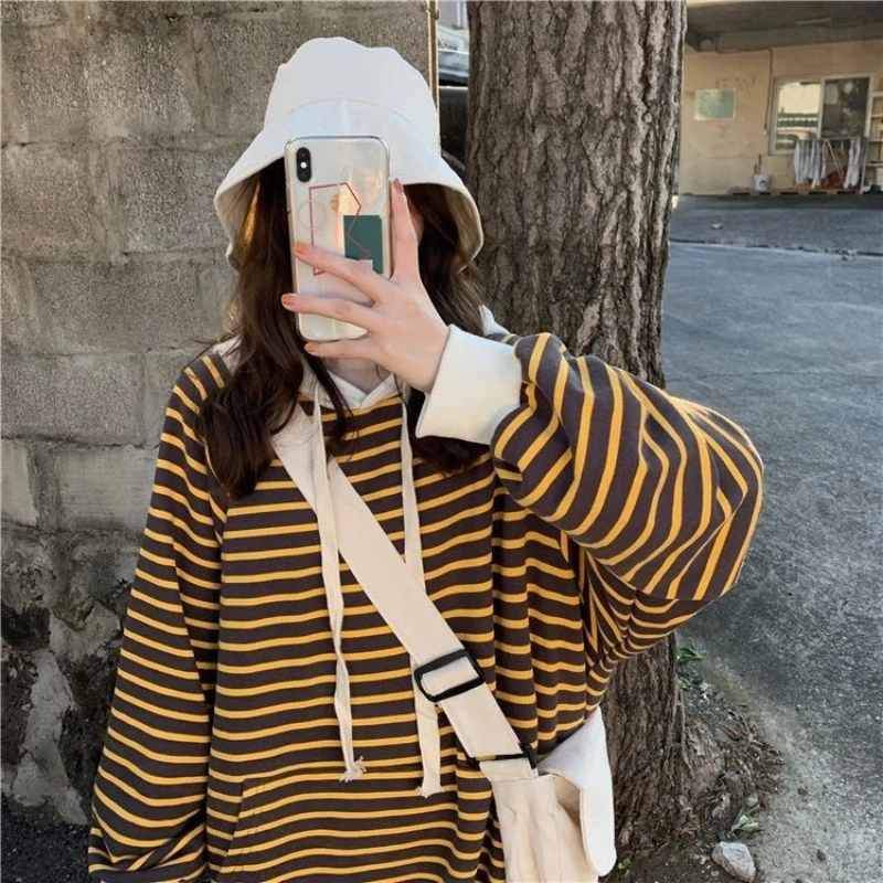 American retro spicy girl striped long sleeved hooded sweatshirt long skirt autumn/winter women's casual style drawstring dress