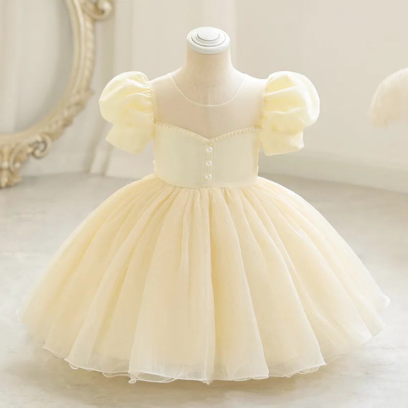 Little Girl Pearl Patchwork Bubble Sleeve Candy Colored Sweet and Cute Princess Dress Wedding Flower Children\'s Day Dress