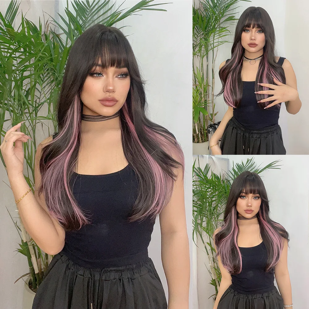 24Inch Black Highlight Pink Synthetic Wigs With Bangs Long Natural Straight Hair Wig For Women Daily Use Cosplay Heat Resistant