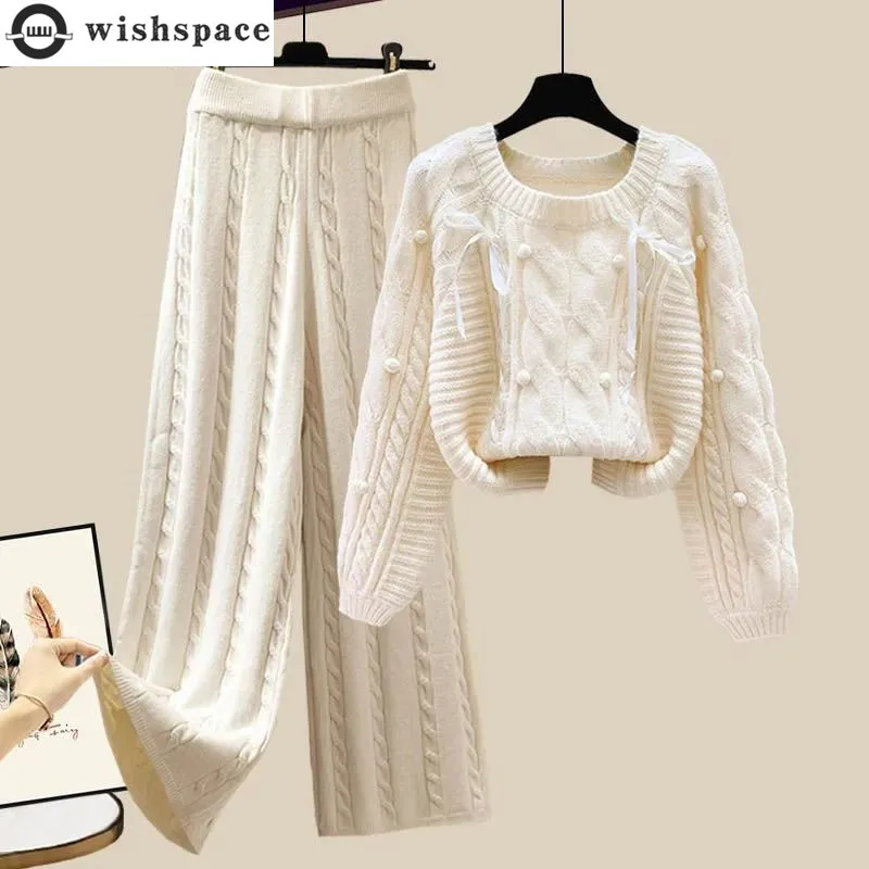 2023 Winter New Ribbon Knitting Knitting Trade Pullover Fried Dough Twists Wide Leg Pants Two-piece Elegant Women's Pants Set