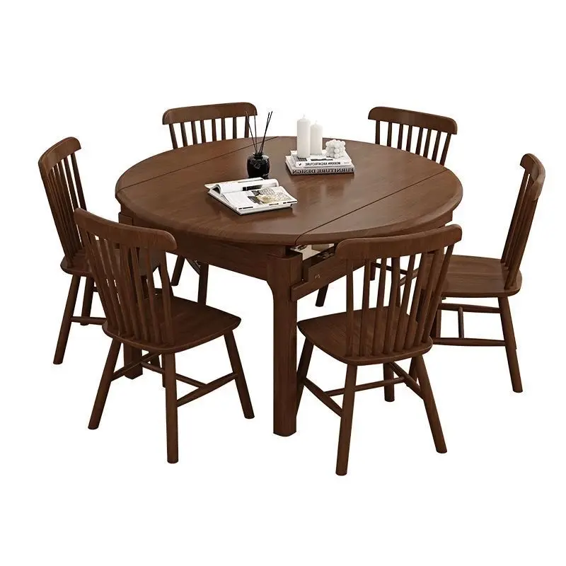 

All solid wood telescopic folding dining table walnut modern simple rectangular round dining table household small apartment