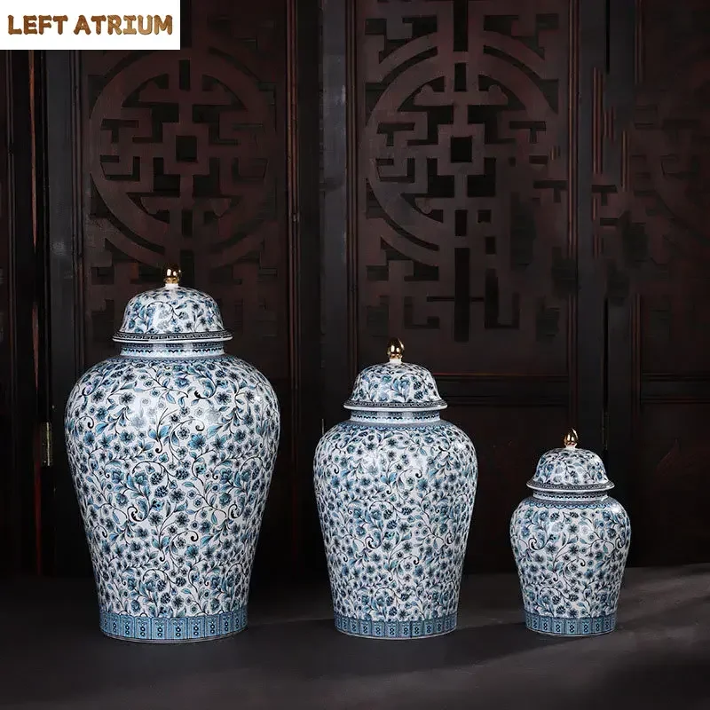 

Blue and White Enamel Ceramic General Jar Sealed Ginger Jar Tea Canister Desk Decoration Flower Texture Jewelry Boxes Candy Pots