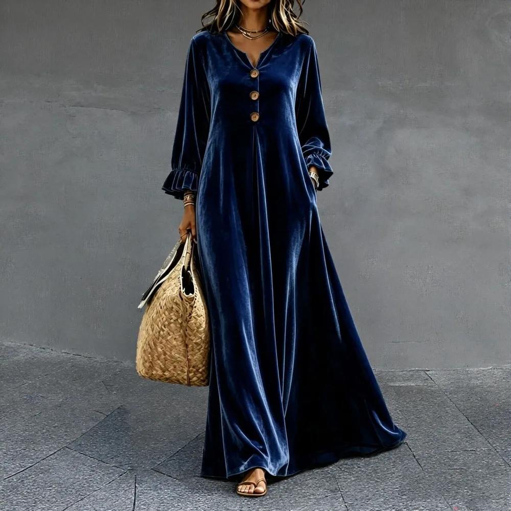 Elegantes Damen-Maxikleid aus Samt mit V-Ausschnitt, Knöpfen, Rüschenärmeln, langen Ärmeln, lockerem Schnitt und Seitentaschen.