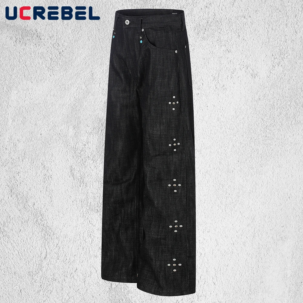 Rivets Dark Jeans Mens Pocket Retro High Street Straight Baggy Wide Leg Washed Denim Pants Man