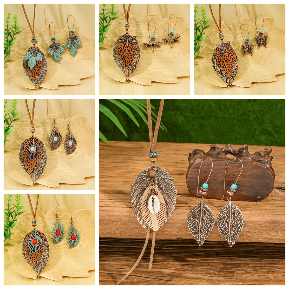 Bohemian Ethnische Metall Blatt Anhänger Halskette Ohrring für Frauen Handgemachte Retro Blaue Perlen Shell Schmetterling Quaste Schmuck Sets Neue