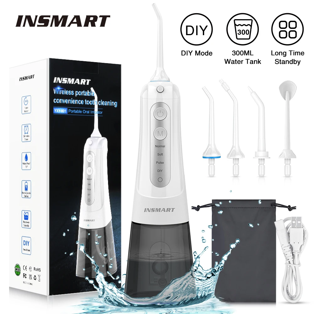 INSMART Oral Irrigator USB Rechargeable Water Flosser Portable Dental Water Jet Floss 300ML Water Tank Waterproof Teeth Cleaner