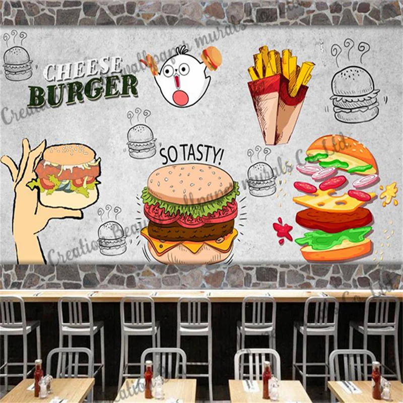 

Custom Brick Wall Hamburger Wallpaper Industrial Decoration Mural Fast-food Restaurant Snack Bar KTV Background Wall Papel Tapiz