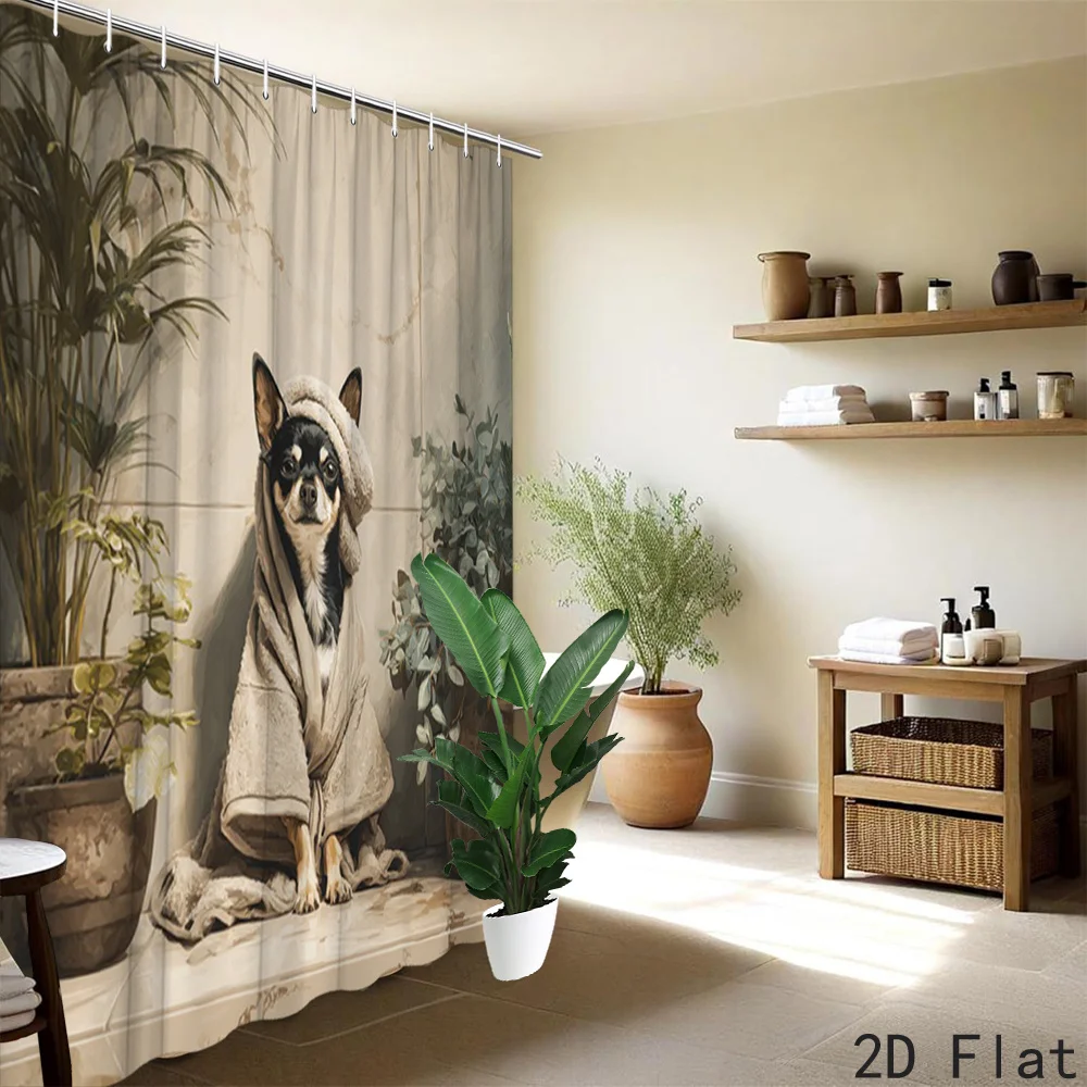 Funny Dog Shower Curtain, Chihuahua Wrapped in Towel Print Bath Screen, Waterproof Polyester Fabric Pet Lover Bathroom Decor