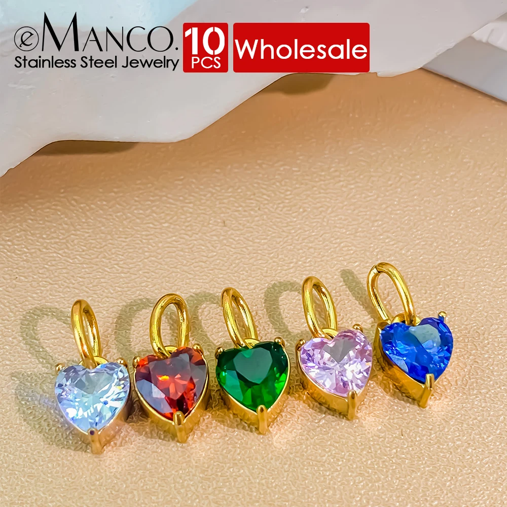 eManco 10PCS Charm Stainless Steel for Making Necklace Accessaries Bracelet for DIY Woman Jewelry  Heart-shaped Zircon Pendant