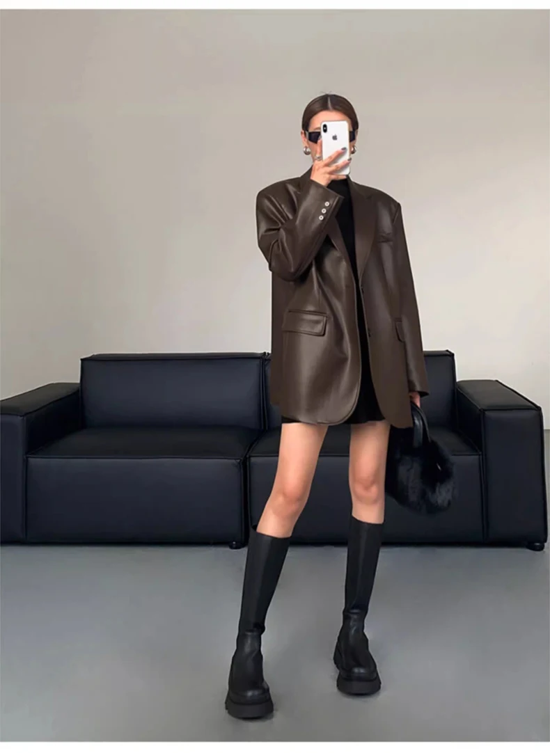 Lautaro Autumn Black Brown Soft  Pu Leather Blazer Women Shoulder Pads Long Sleeve Single Breasted Loose Casual Korean Fashion