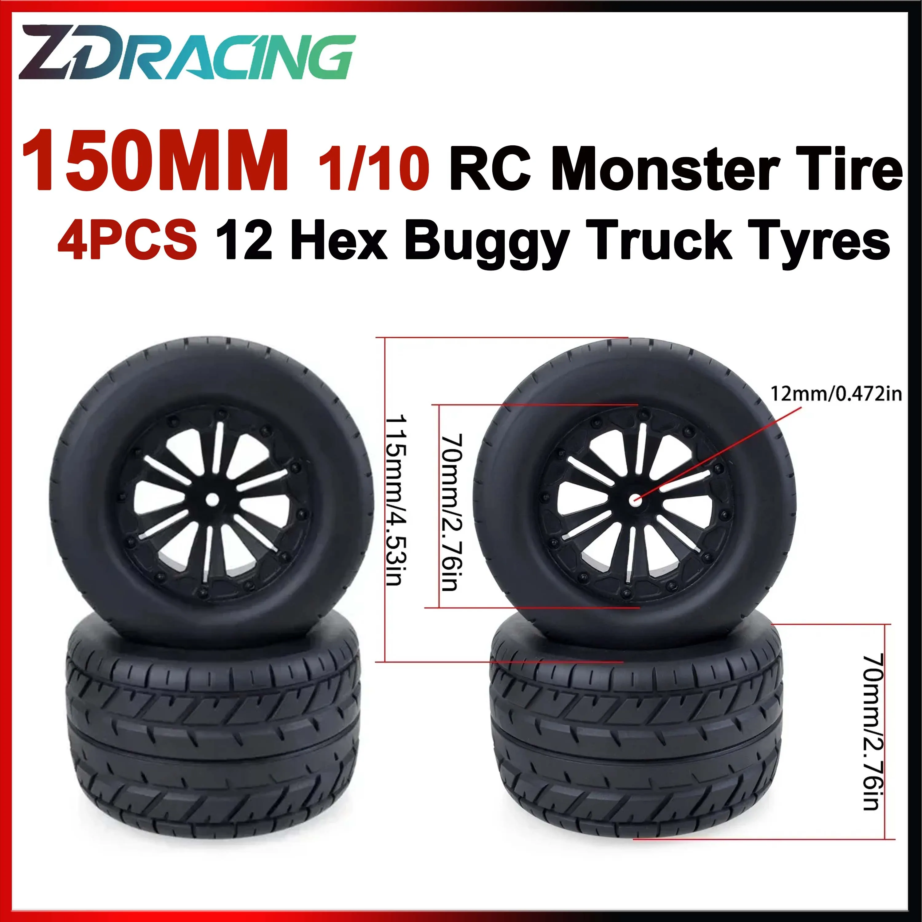 

4 шт., 12 мм, шестигранник, 115 мм, 1/10 RC Monster Truck, автомобильная резиновая шина, обод колеса, ступица для RC Buggy Traxxas Savage XS TM Redcat HPI LRP