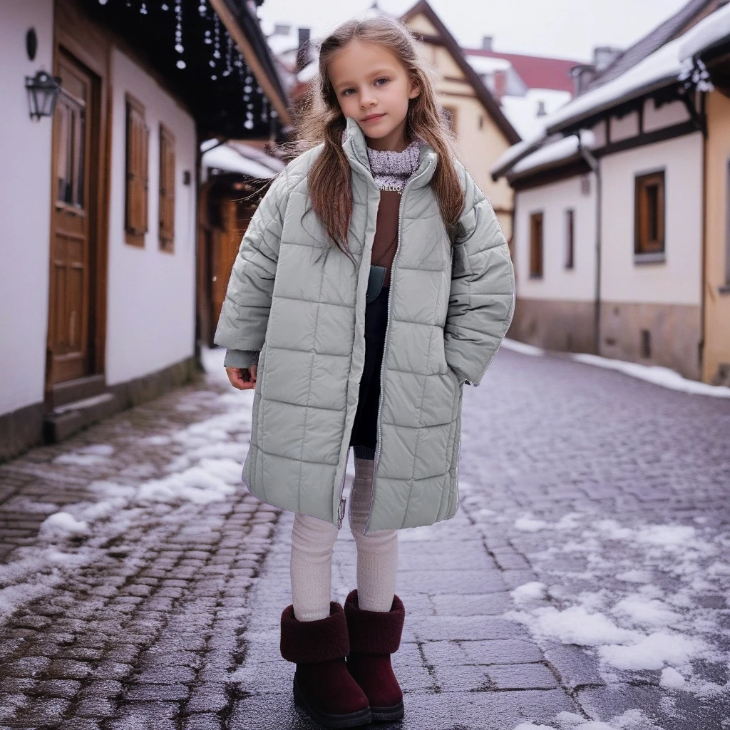 

Winter Girls Parka Fashion Mid-Long Thicken Cotton Coat Casual Hooded School Kids Puffer Jacket Black Daily Teen Child Outerwear