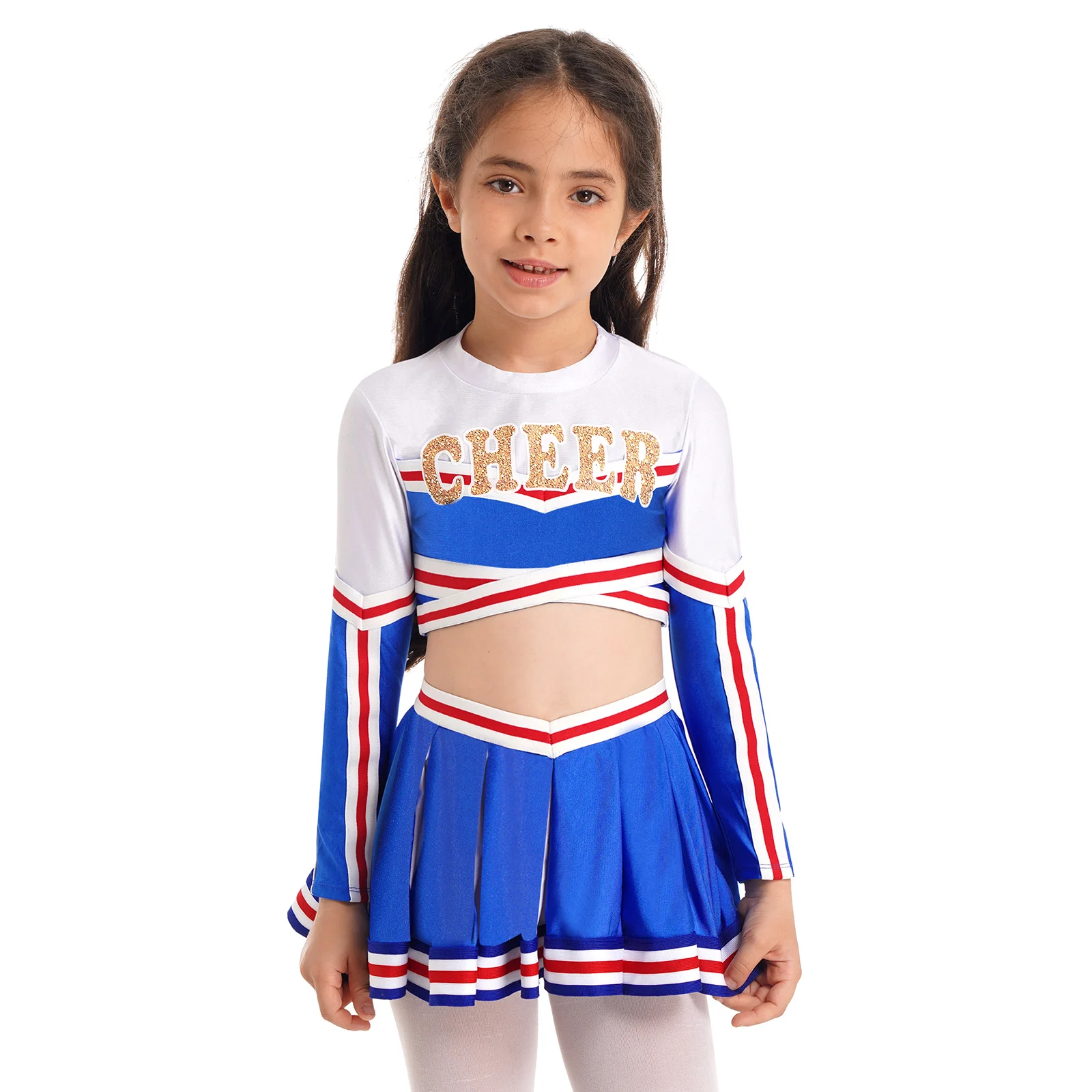 Uniforme de pom-pom girl à manches longues et col montant pour filles, ensemble de jupe plissée en Y imprimée, costume de danse de pom-pom girl pour enfants