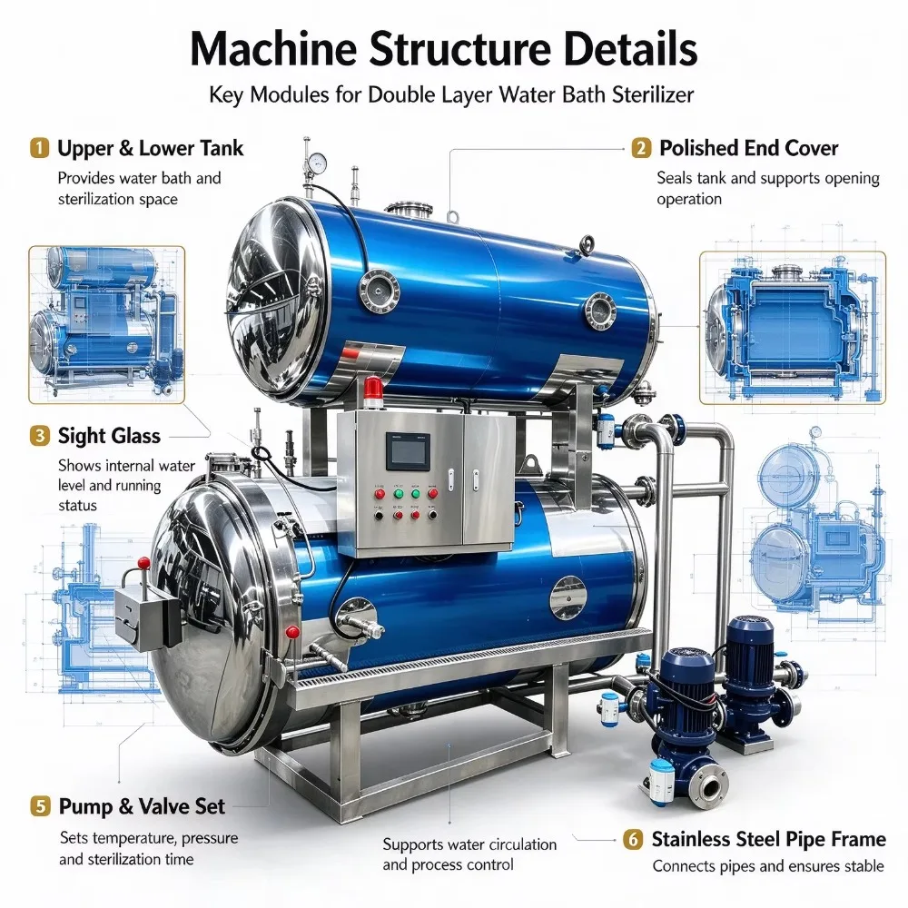 Automatic Double Layer Water Bath Pasteurizer  PLC Control Food Sterilization Autoclave for Canned Food
