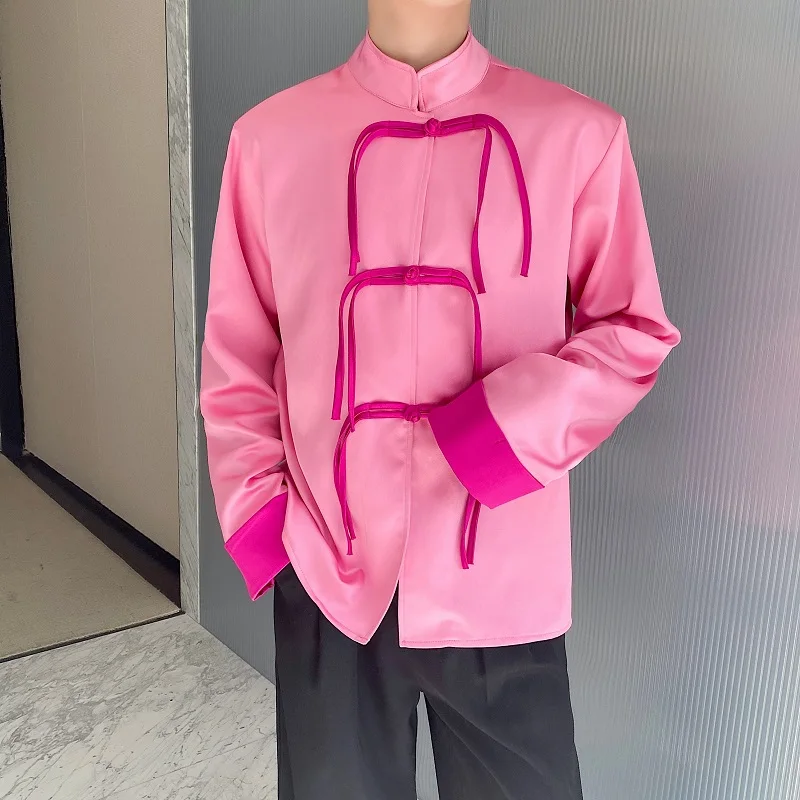 

SYUHGFA New Chinese Style Male Contract Color Stand Collar Shirt Tops 2024 Spring Fashion Transparent Men's Wear Casual Shirts