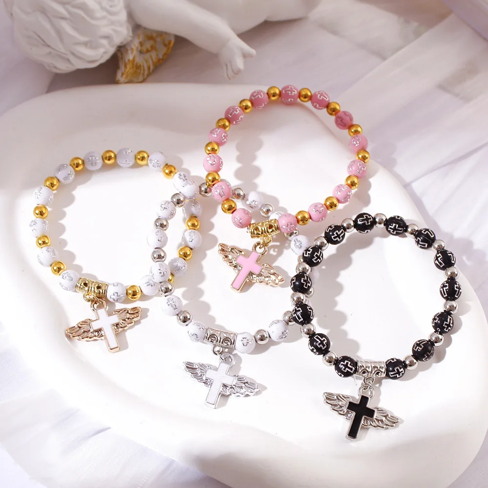 سوار مسبحة من خرز الأكريليك المتقاطع مع قلادة ملاك مطلية بالذهب - هدية معمودية دينية مجوهرات مصنوعة يدويًا (قابلة للتعديل) #1