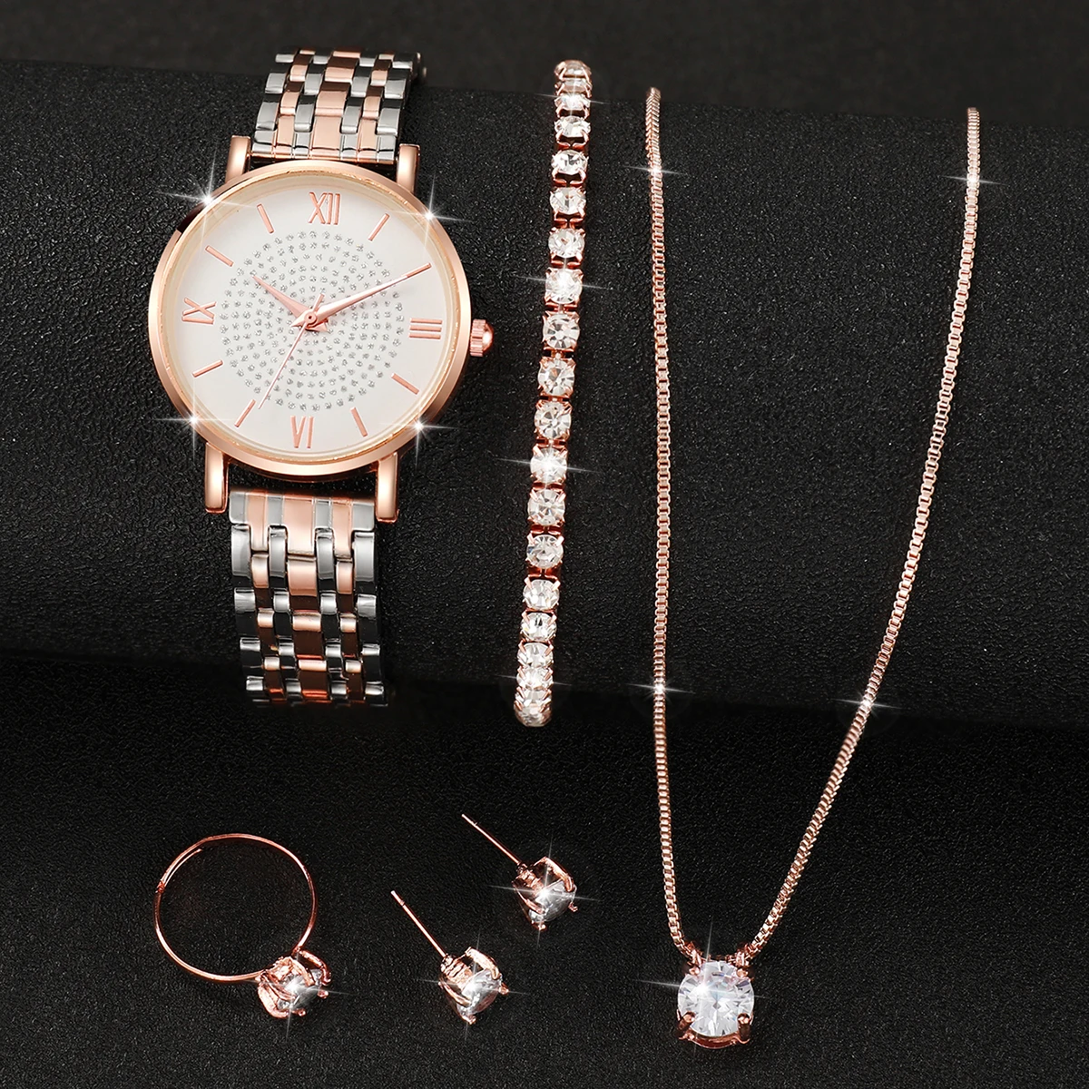 6pcs/set Women Luxury Stainless Steel Quartz Watch & Diamond Jewelry Set