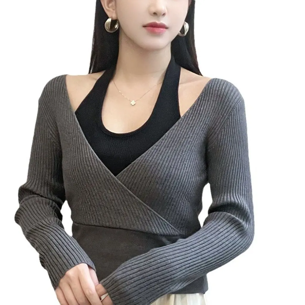 

Women's Autumn Winter Off-the-Shoulder Knitted Sweater Long Sleeve Fake Two-Tone Top French Korean Style