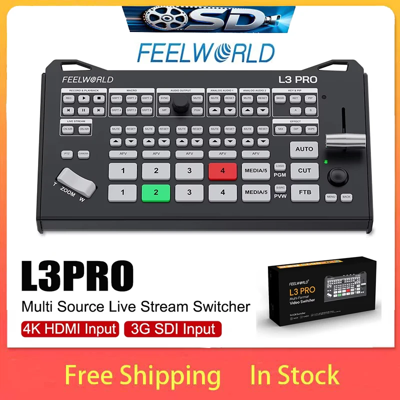 FEELWORLD L3 PRO Live Video Mixer Switcher, 2 HDMI Output, 5CH Multi-cam System, RTMP Stream for Event Live Show