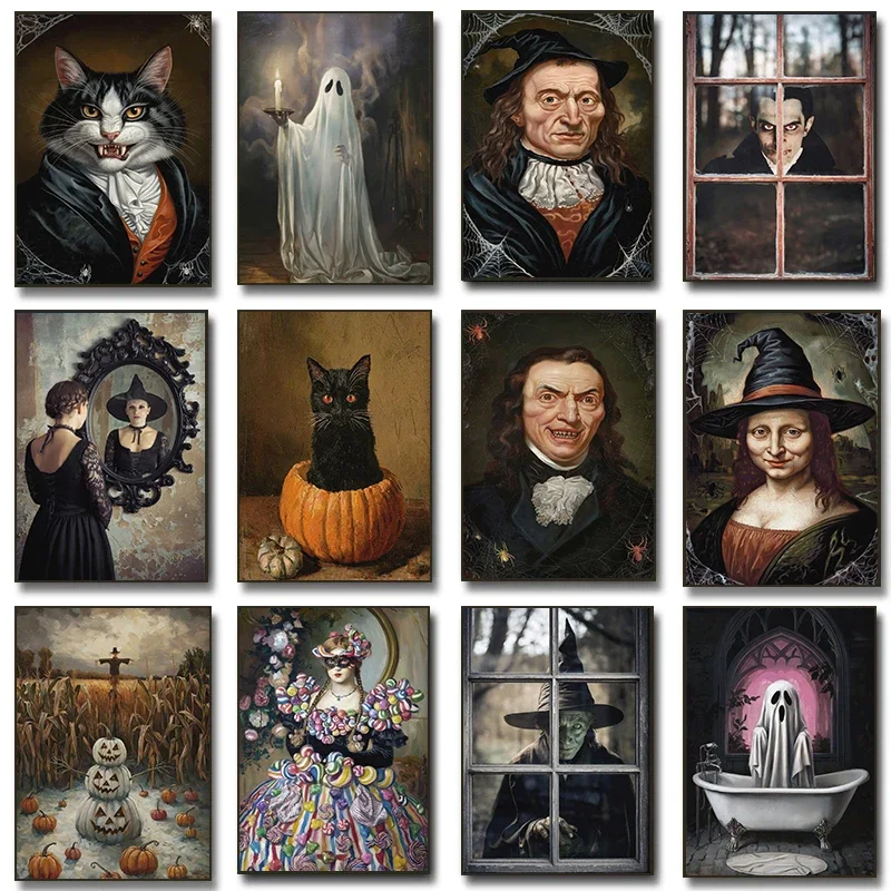 (No frame)Dark Vintage Witch Halloween Posters Haunted House Pumpkin Girl Creepy Mansion Canvas Painting Wall Art Pictures Ho