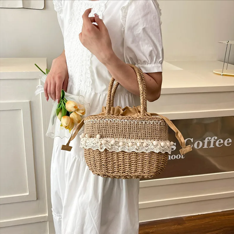 

2025 New Desig Women Summer Handwoven Fashion Straw Handbags Lady Bohemia Retro Lace Rattan Tote Bag Travel Holiday Beach Bag
