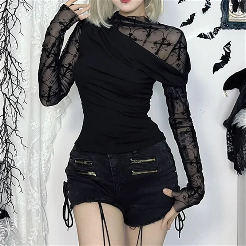 

2025 New Vintage Dark Chic Flocking Print O-neck Cyber T-shirt Women Elegant Mesh Patchwork Sheer Tops Y2K Gothic Slim T-shirts