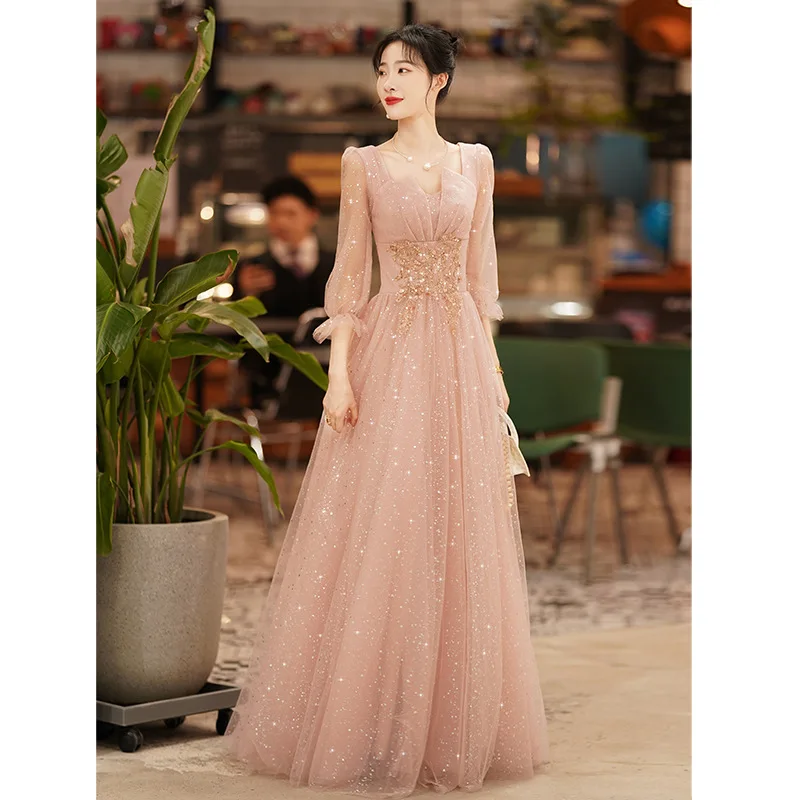 Vestido de noche de banquete de tul rosa para mujer, apliques de lentejuelas, mangas largas, vestidos de regreso a casa, vestido de graduación elegante exquisito