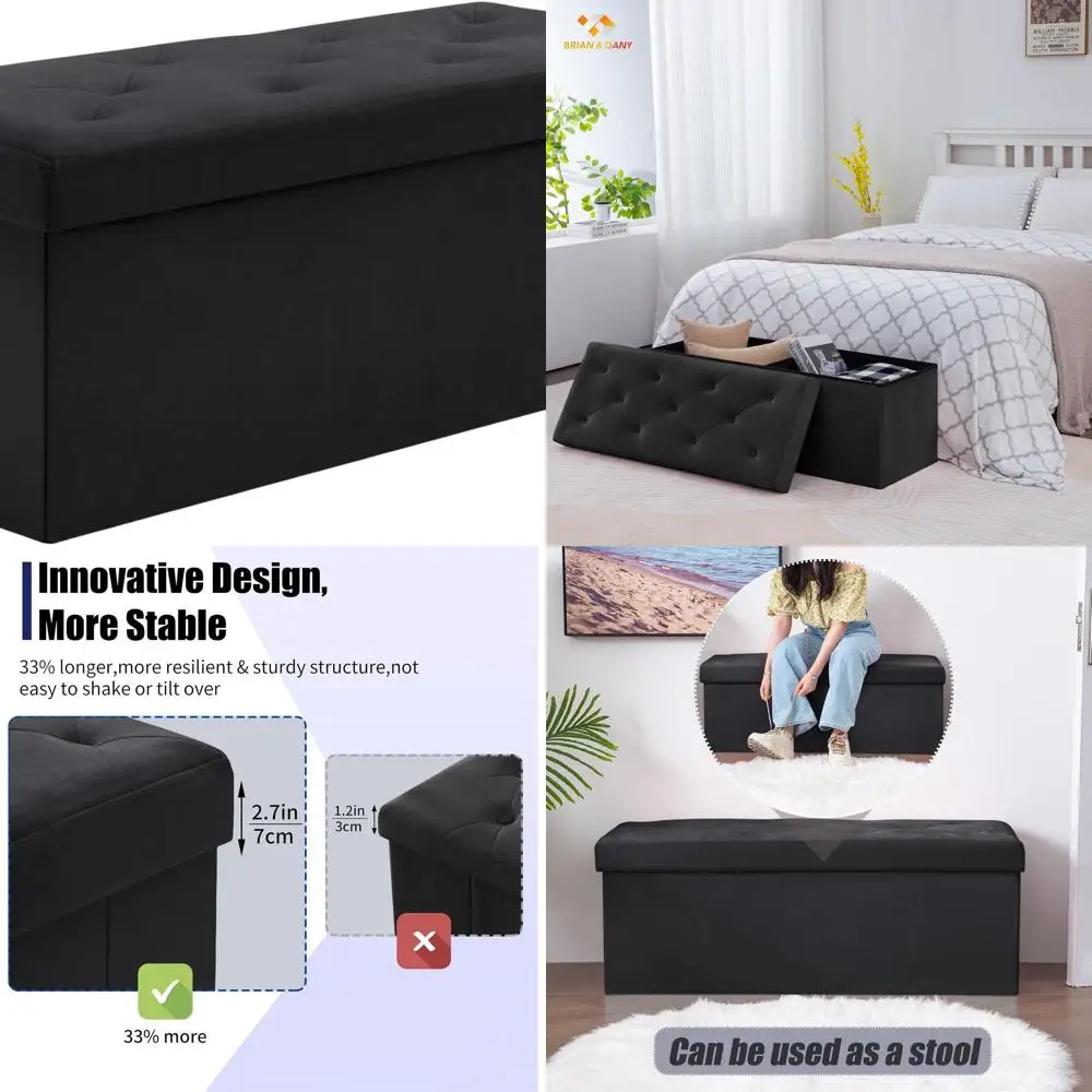 

Черный бархатный пуф-скамья для хранения, складная скамья для обуви 43 дюйма с фланелевым сиденьем для гостиной