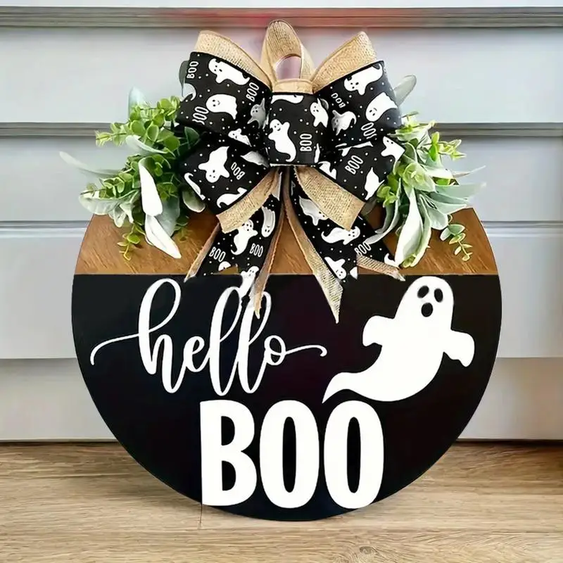 Halloween Welcome Sign Boo Ghost Hangable Sign With Bow Wood Wreaths Hangable Decoration For Front Door Porch Spooky Decor