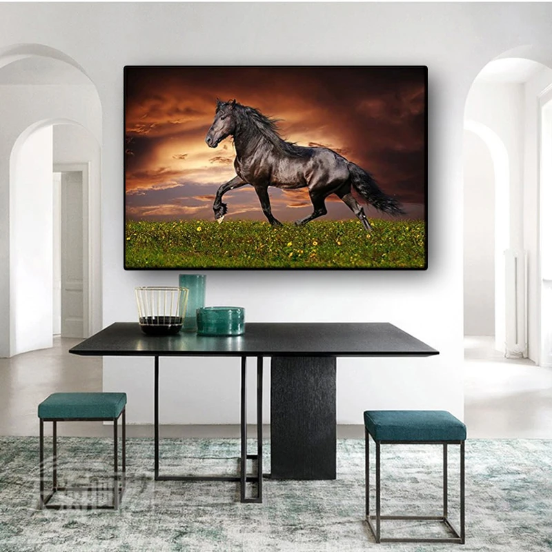 Modern Canvas Black Friesian Running Horse Trot On The Field On Sunset Grass And Flower Wall Art Painting Drop shipping