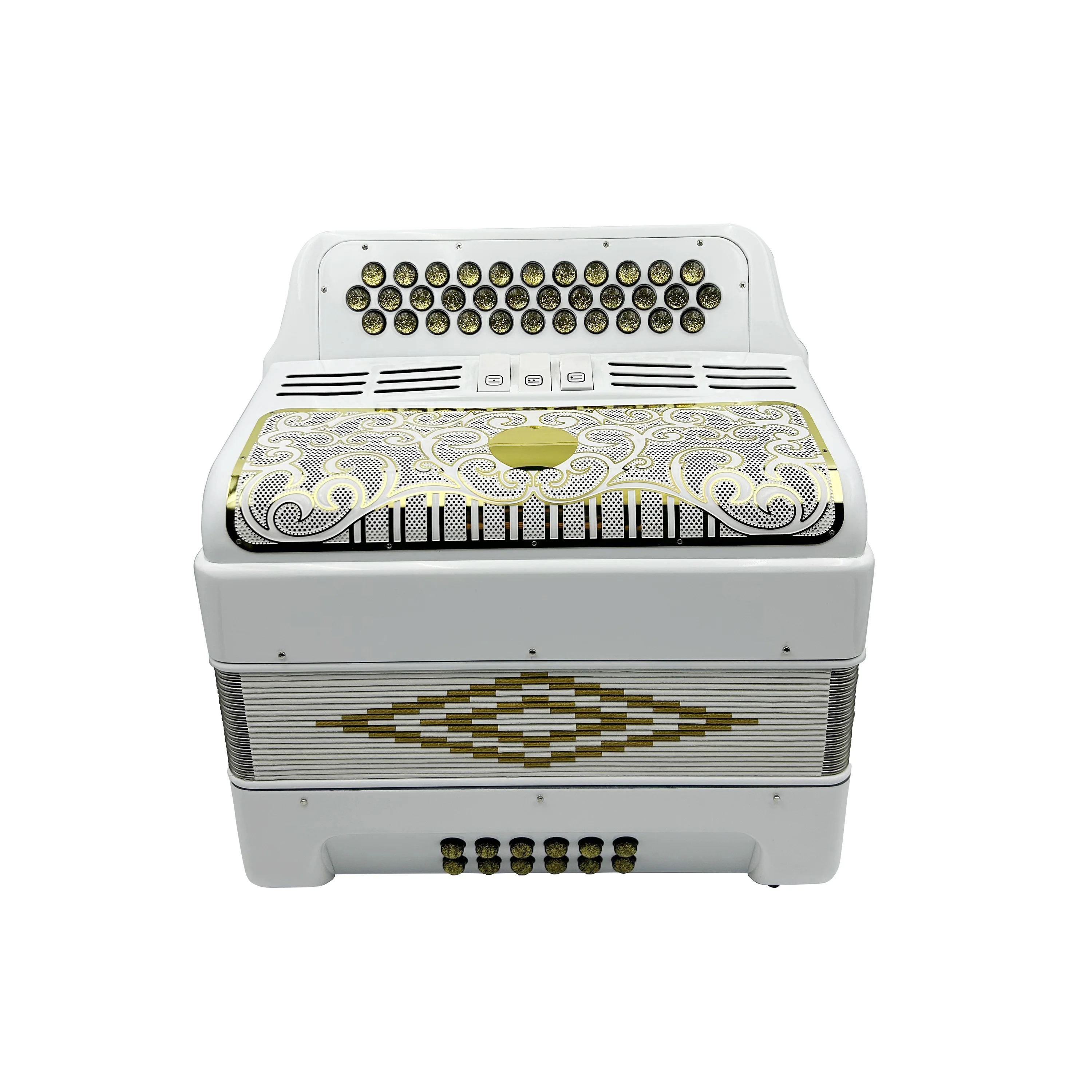 Diatonic Accordion 34-Button 12-Bass 3-Registers Bright White Body Gold Grill Gold Buttons JB3412C Wood Acordeon