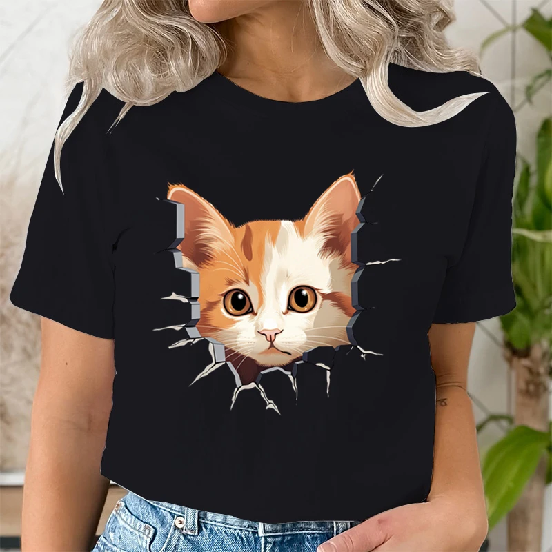 Youthful Woman Clothes Cracked Wall Cat Graphic T-shirt Cartoon Cats Print Classic Tops Cute Cat Torn Cloth Fashion Woman Tshirt