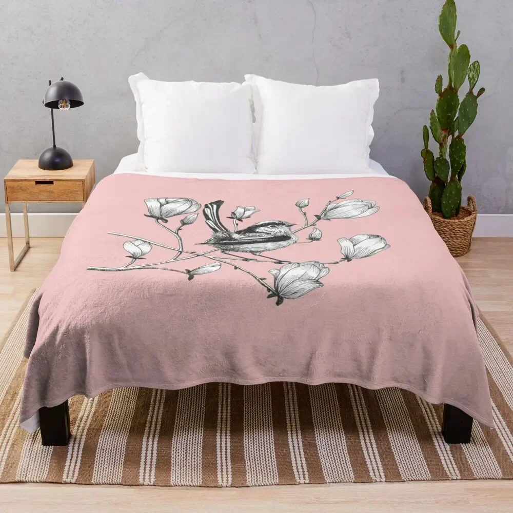 long tailed tit on magnolia tree Throw Blanket funny gift Quilt warm for winter Soft Beds Blankets