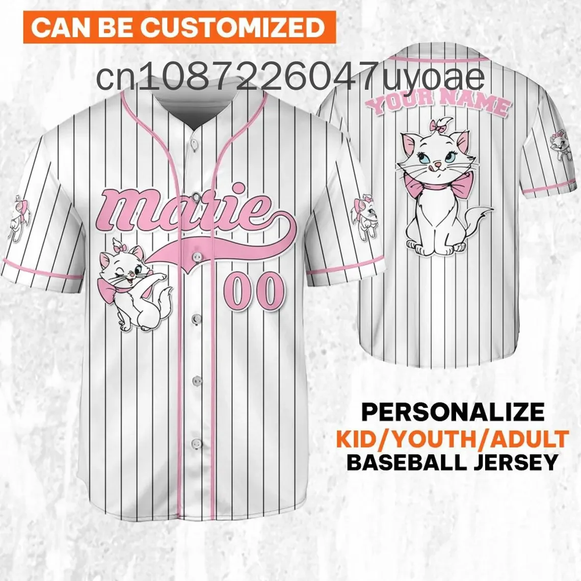 New Disney Cute Marie Cat Baseball Shirt Customized Name: Men's and Women's Short Sleeve Casual Sports Baseball Shirt