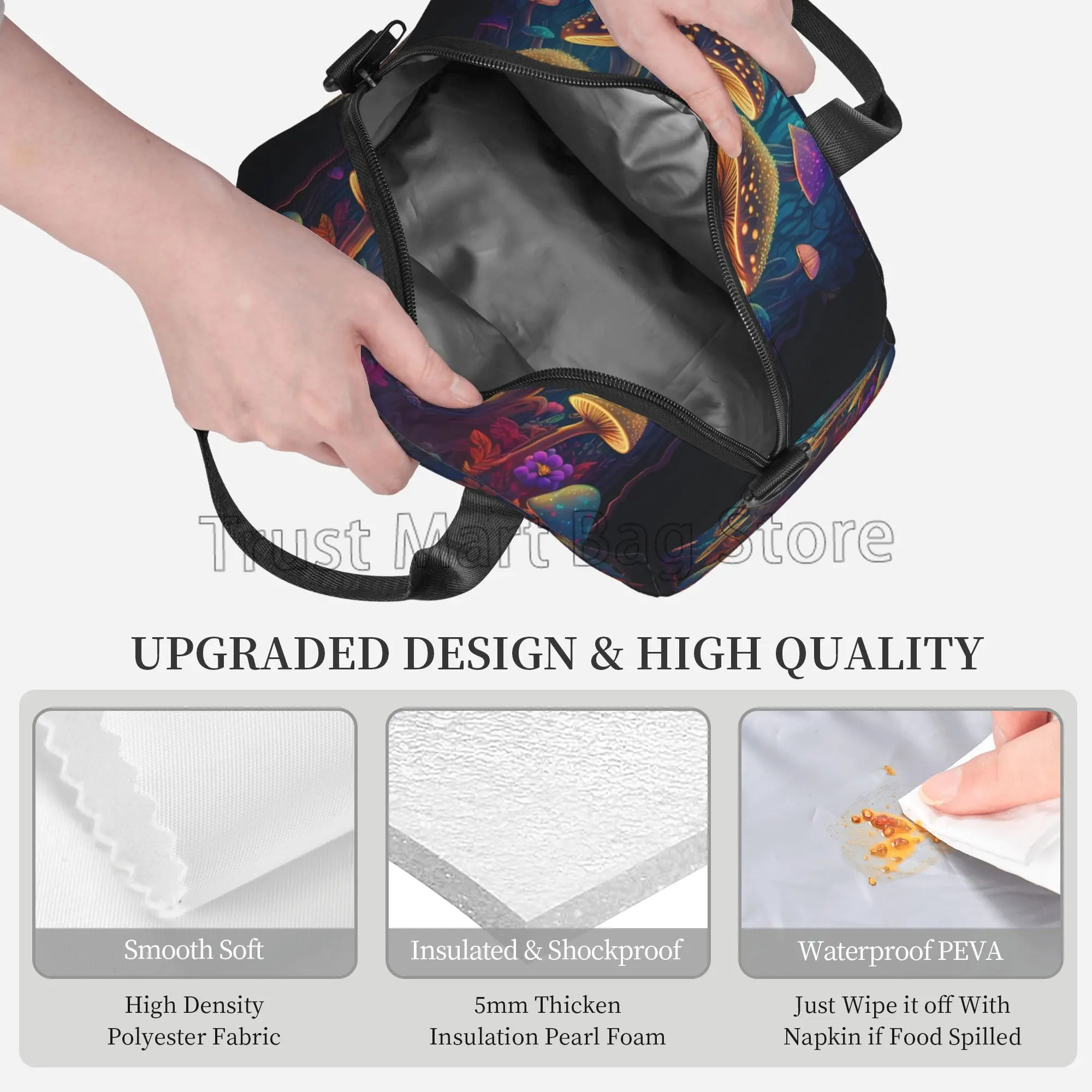 Forest Colorful Mushrooms Insulated Lunch Bag Reusable Waterproof Thermal Lunch Box with Shoulder Strap for Work Picnic Beach