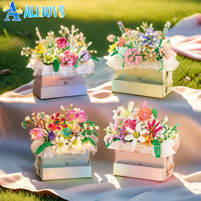 

Цветочная корзина, строительный блок, сделай сам, вечный букет цветов, сборка, кирпич, образовательная игрушка, романтическое украшение дома, детский рождественский подарок