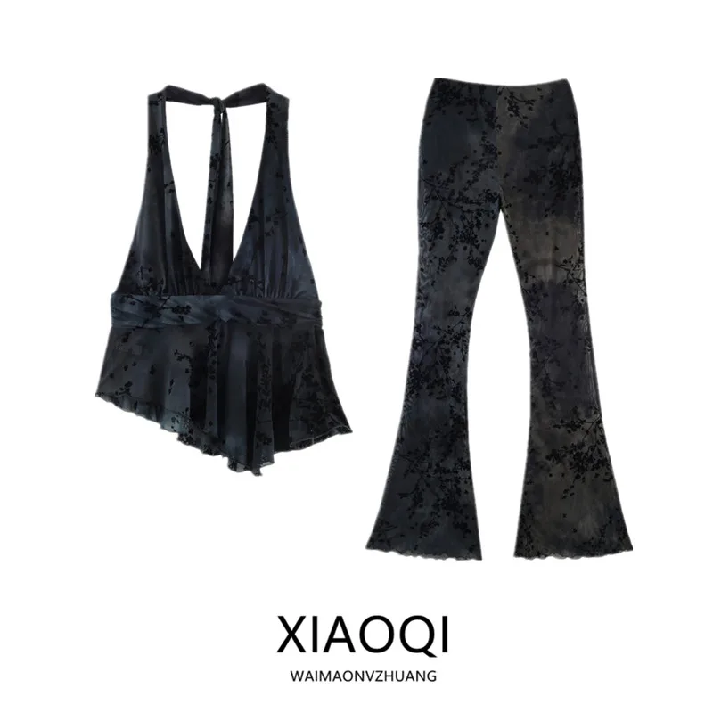 Spring Summer 2026 New Women's Fashion Sleeveless Silk Mesh Printed Hanging Neck Collar Top Long Pants 0085308