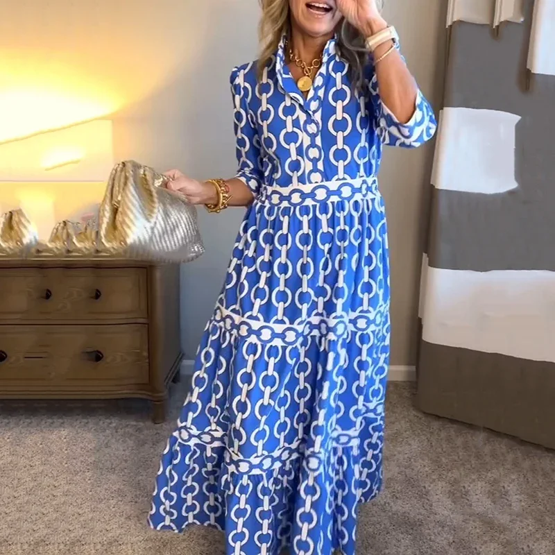 

Весенне-летние новые женские платья с v-образным вырезом и средней талией, повседневные пуловеры с длинными рукавами и геометрическим принтом, длинное платье с большим подолом