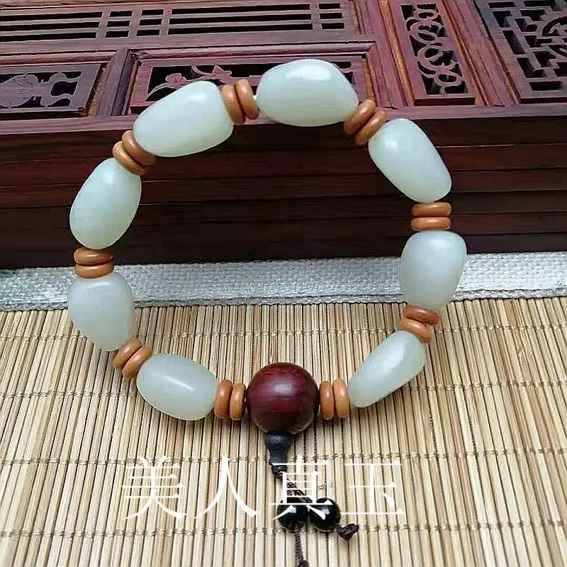 Factory White Hetian Jade Pebble with Men's Rough Stone Bracelet